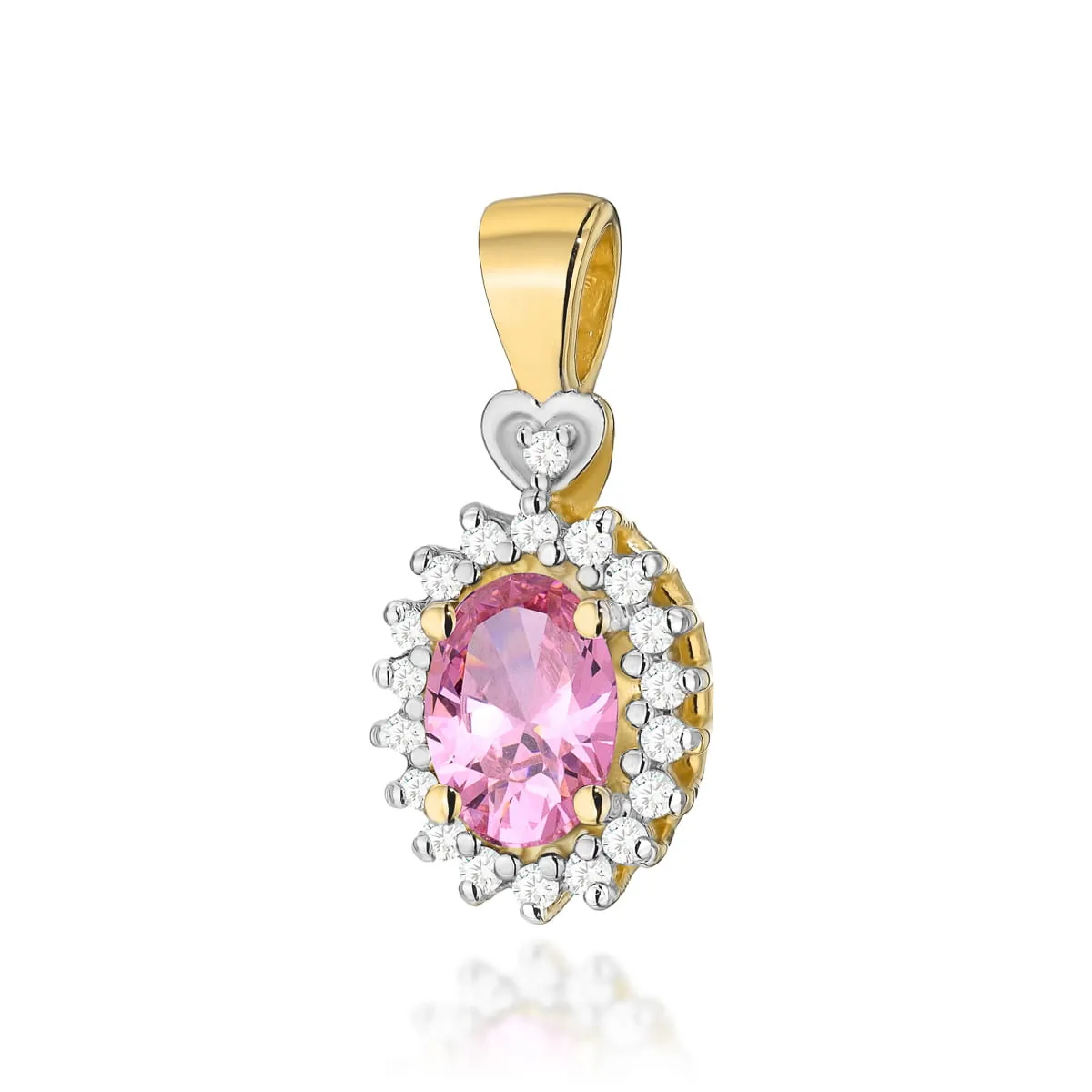 Pandantiv Aur cu Topaz Roz si Diamante Carisella 1 Pandantiv din aur Carisella, cu topaz roz oval central, halou de diamante albe și agățătoare aurie.