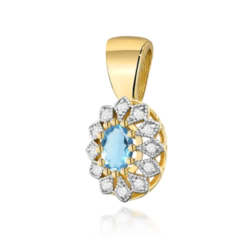 Pandantiv Delfina din aur galben, cu topaz Swiss albastru oval în centru și diamante dispuse ca petale.