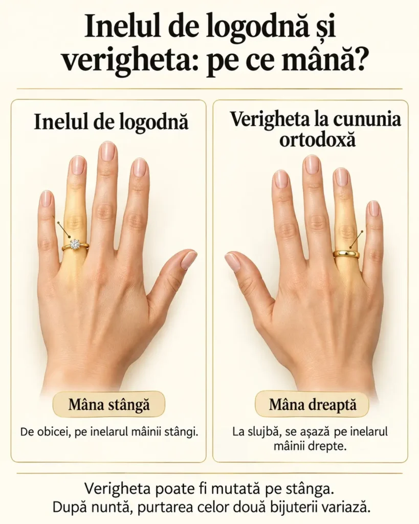 Pe ce mână se poartă inelul de logodnă și verigheta? 1 Infografic care explica pe ce mana: inelul de logodnă pe inelarul mâinii stângi și verigheta pe inelarul mâinii drepte la cununia ortodoxă.